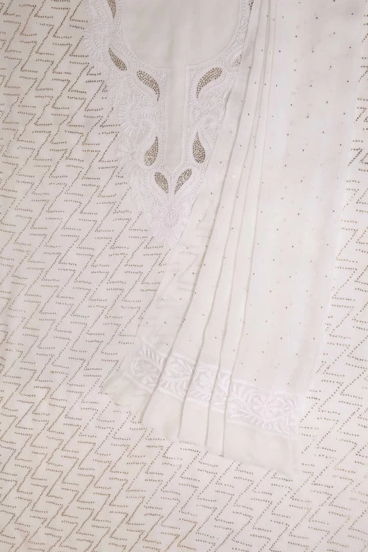 Ada Hand Embroidered White Georgette Lucknowi Chikankari Unstitched Kurta Dupatta Set With Muqaish Work A516969
