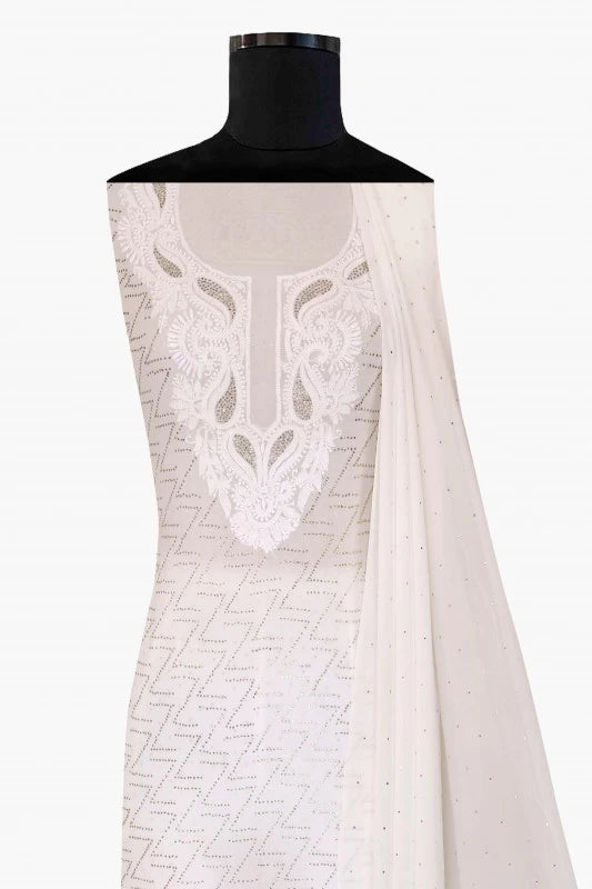 Ada Hand Embroidered White Georgette Lucknowi Chikankari Unstitched Kurta Dupatta Set With Muqaish Work A516969