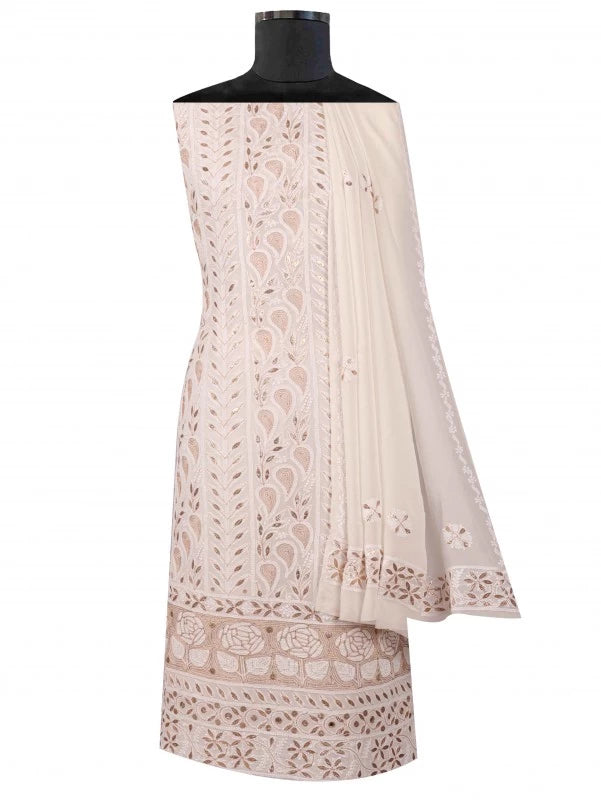 Ada Hand Embroidered White Georgette Lucknowi Chikankari Unstitched Kurta Dupatta Set with Gota Patti Work 01A112377
