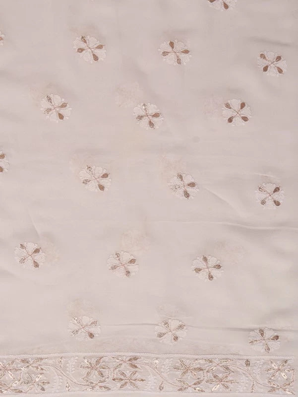 Ada Hand Embroidered White Georgette Lucknowi Chikankari Unstitched Kurta Dupatta Set with Gota Patti Work 01A112377