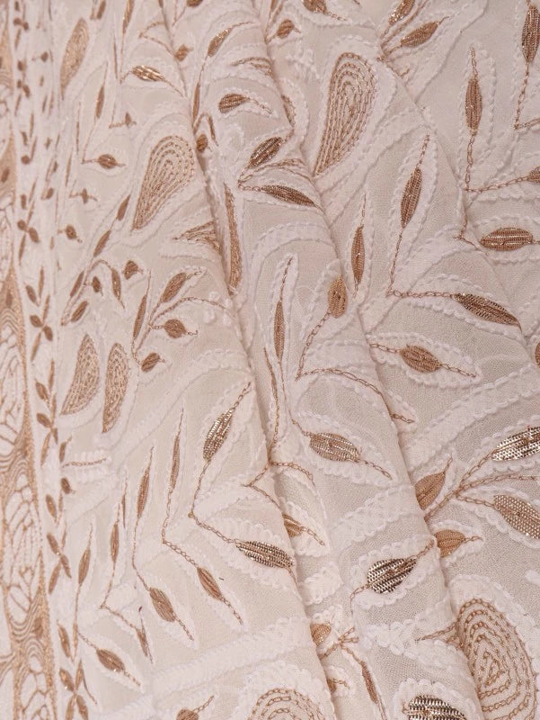 Ada Hand Embroidered White Georgette Lucknowi Chikankari Unstitched Kurta Dupatta Set with Gota Patti Work 01A112377
