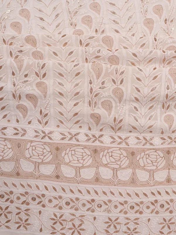 Ada Hand Embroidered White Georgette Lucknowi Chikankari Unstitched Kurta Dupatta Set with Gota Patti Work 01A112377