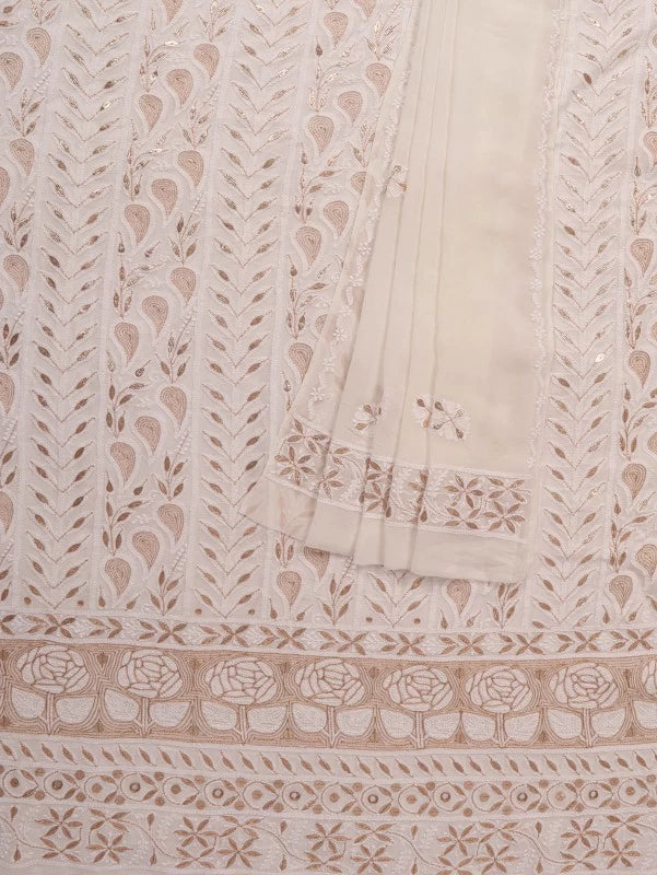 Ada Hand Embroidered White Georgette Lucknowi Chikankari Unstitched Kurta Dupatta Set with Gota Patti Work 01A112377