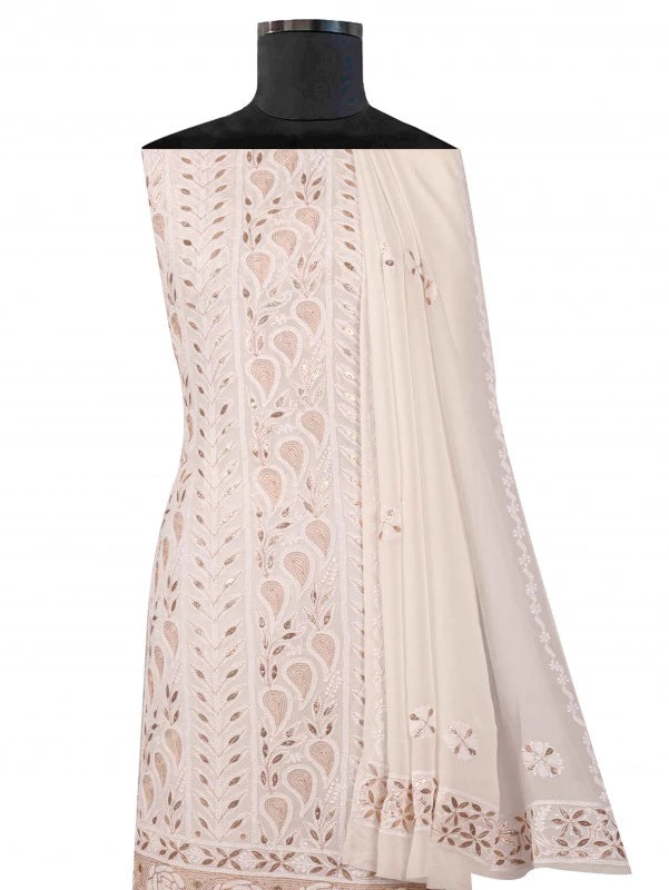 Ada Hand Embroidered White Georgette Lucknowi Chikankari Unstitched Kurta Dupatta Set with Gota Patti Work 01A112377