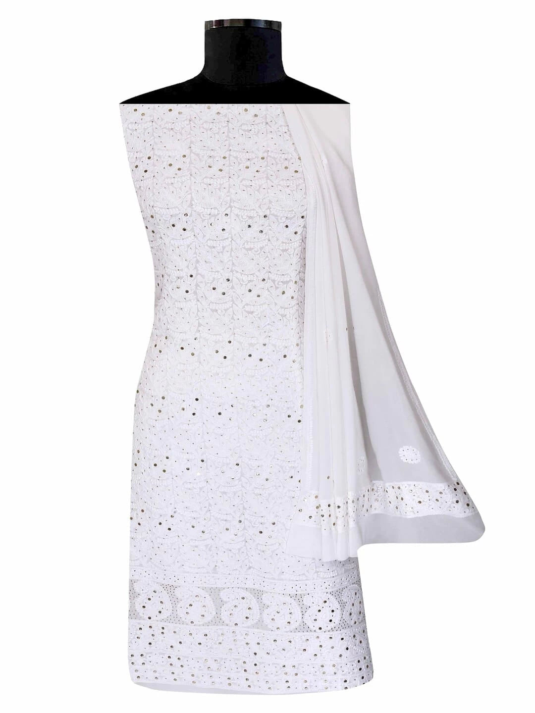 Ada Hand Embroidered White Georgette Lucknowi Chikankari Unstitched Kurta Dupatta Set with Muqaish Work 01A115861