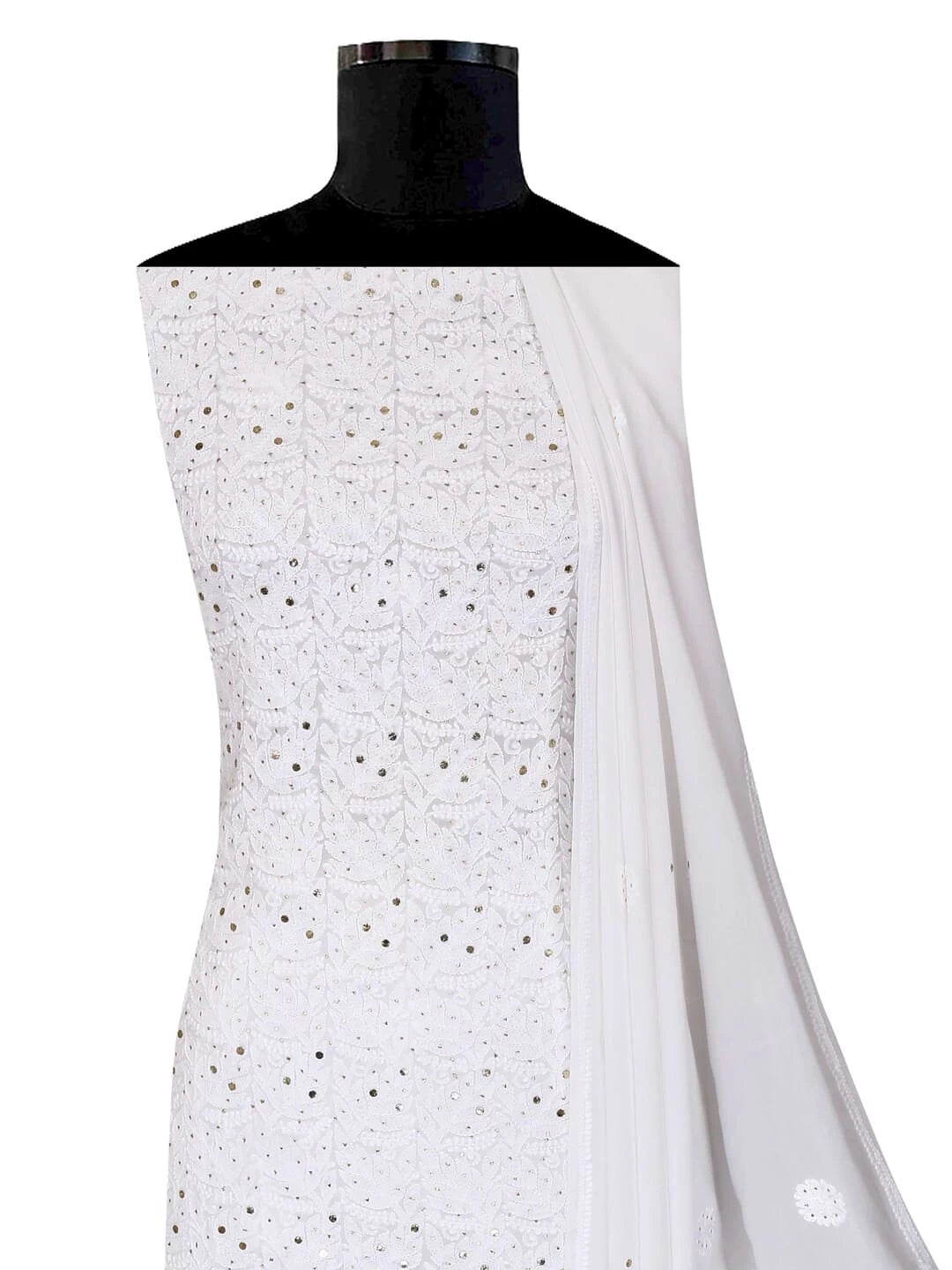 Ada Hand Embroidered White Georgette Lucknowi Chikankari Unstitched Kurta Dupatta Set with Muqaish Work 01A115861