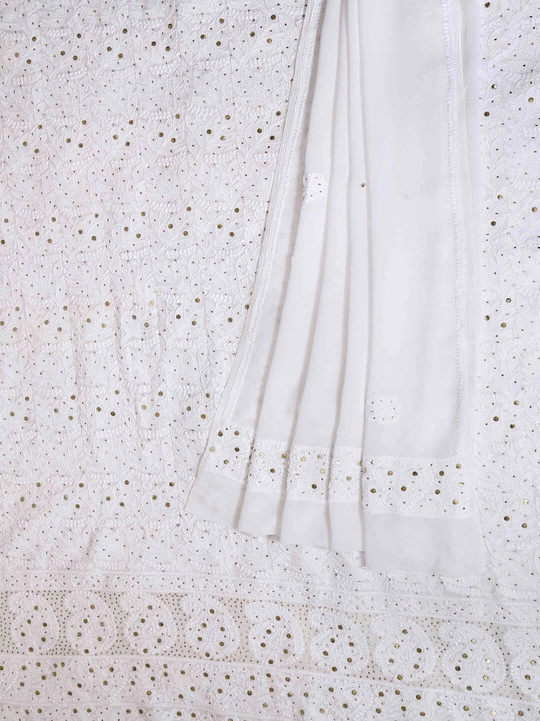 Ada Hand Embroidered White Georgette Lucknowi Chikankari Unstitched Kurta Dupatta Set with Muqaish Work 01A115861