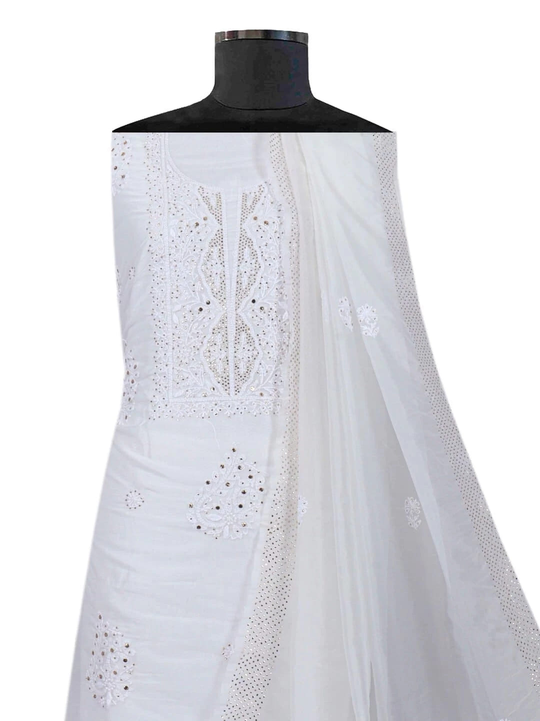 Ada Hand Embroidered White Organza Lucknowi Chikankari Unstitched Kurta Dupatta Set with Muqaish Work 01A172393