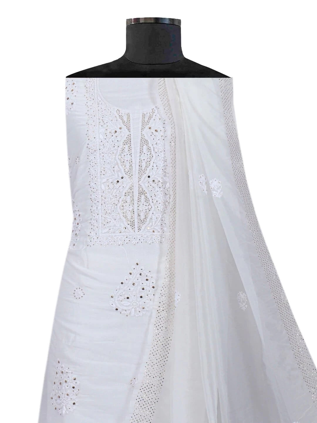 Ada Hand Embroidered White Organza Lucknowi Chikankari Unstitched Kurta Dupatta Set with Muqaish Work 01A172393