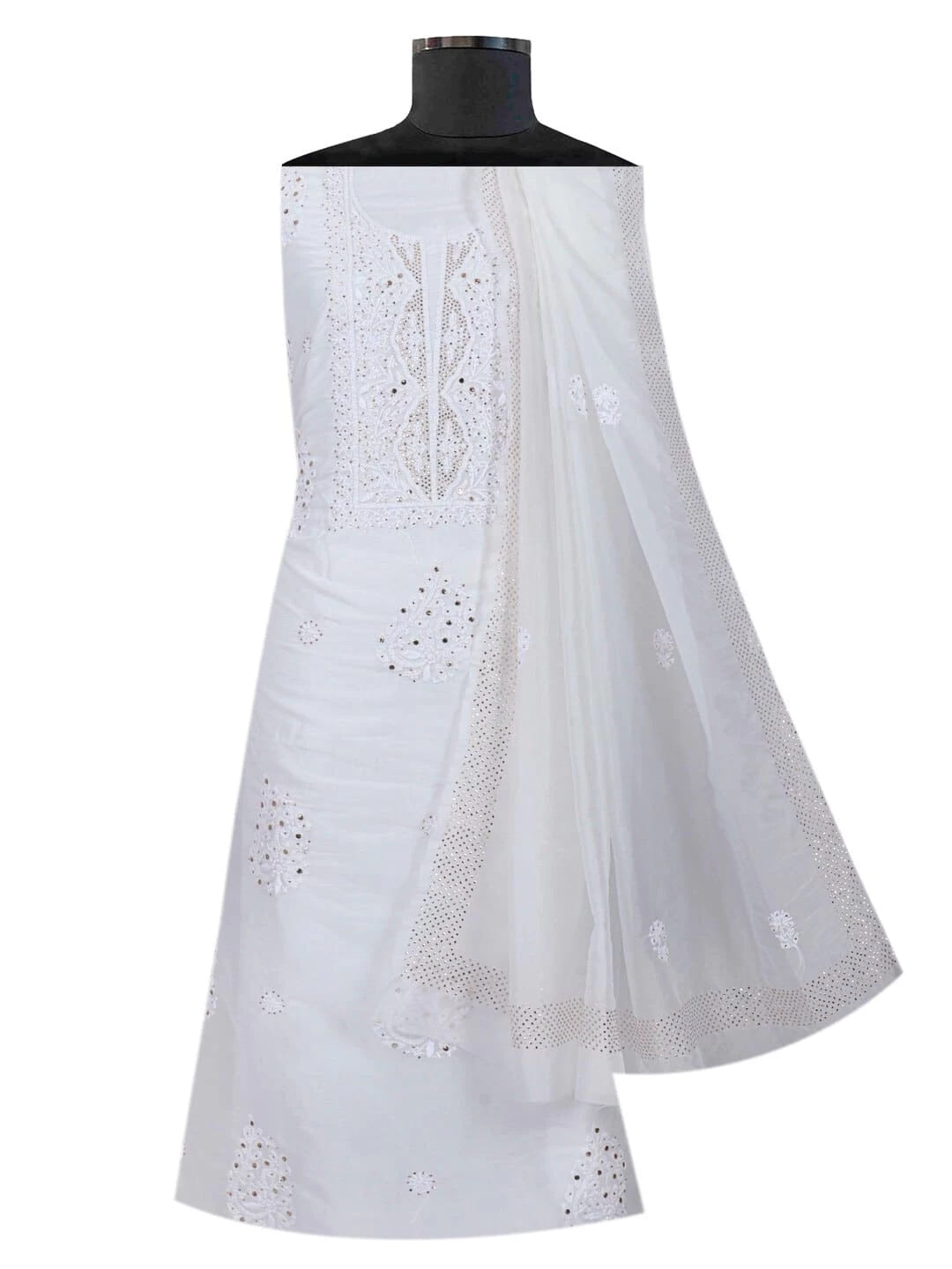 Ada Hand Embroidered White Organza Lucknowi Chikankari Unstitched Kurta Dupatta Set with Muqaish Work 01A172393