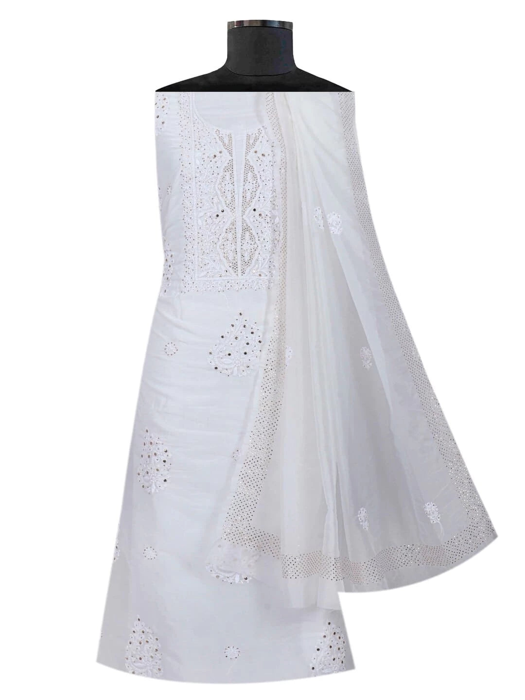 Ada Hand Embroidered White Organza Lucknowi Chikankari Unstitched Kurta Dupatta Set with Muqaish Work 01A172393
