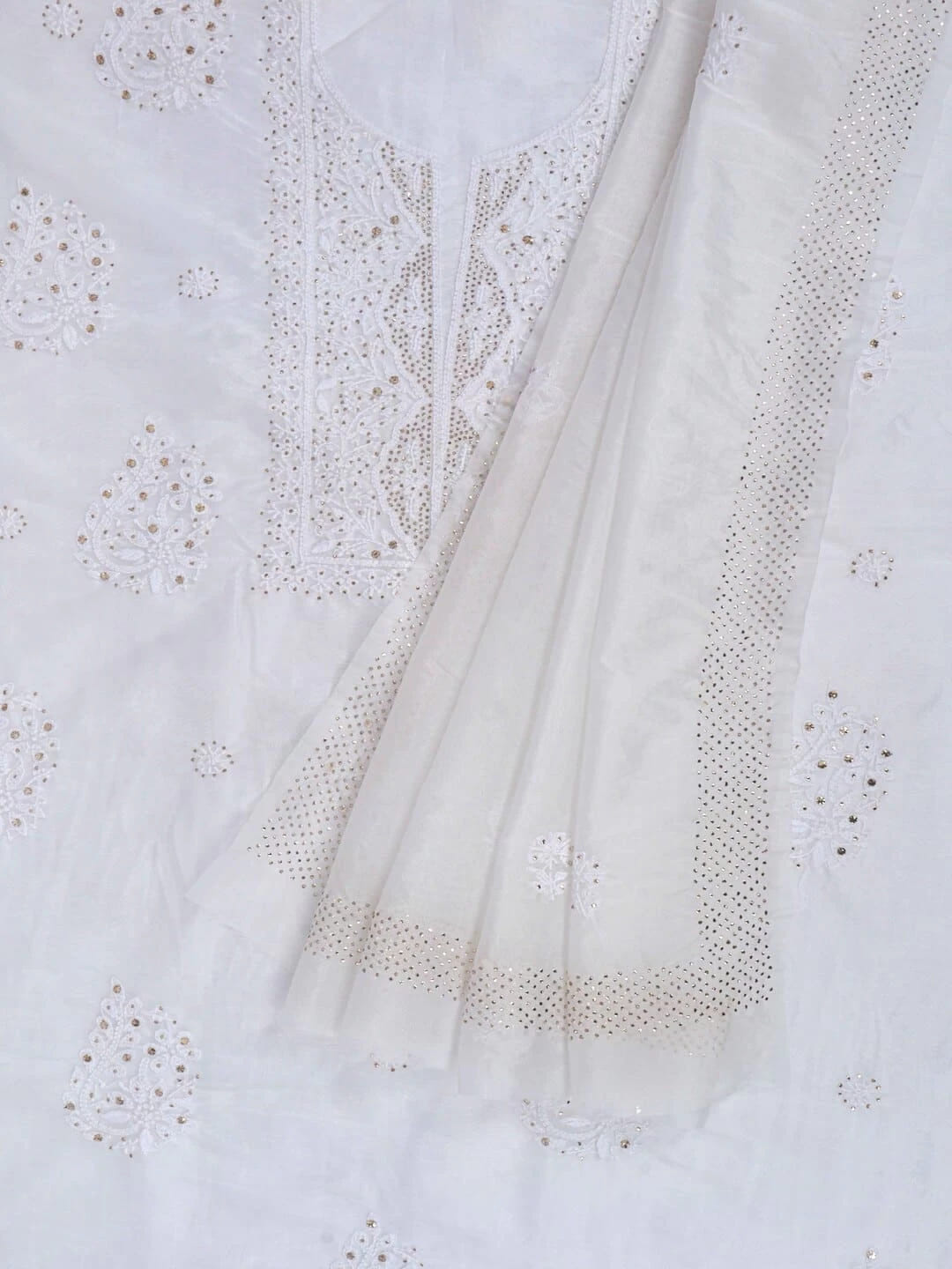 Ada Hand Embroidered White Organza Lucknowi Chikankari Unstitched Kurta Dupatta Set with Muqaish Work 01A172393