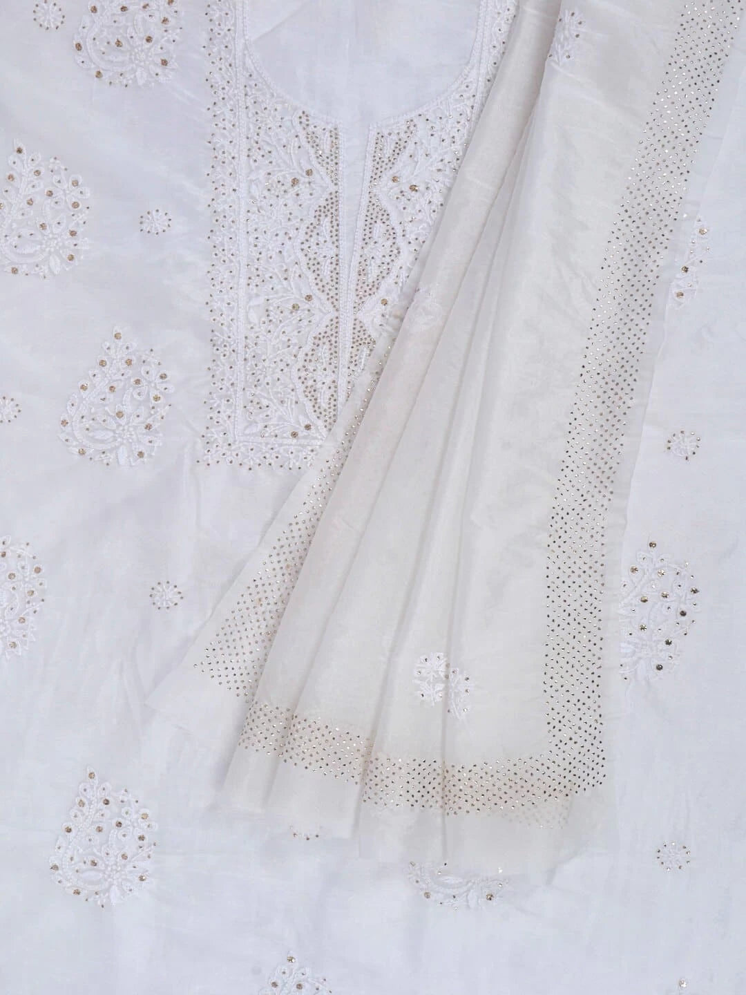 Ada Hand Embroidered White Organza Lucknowi Chikankari Unstitched Kurta Dupatta Set with Muqaish Work 01A172393