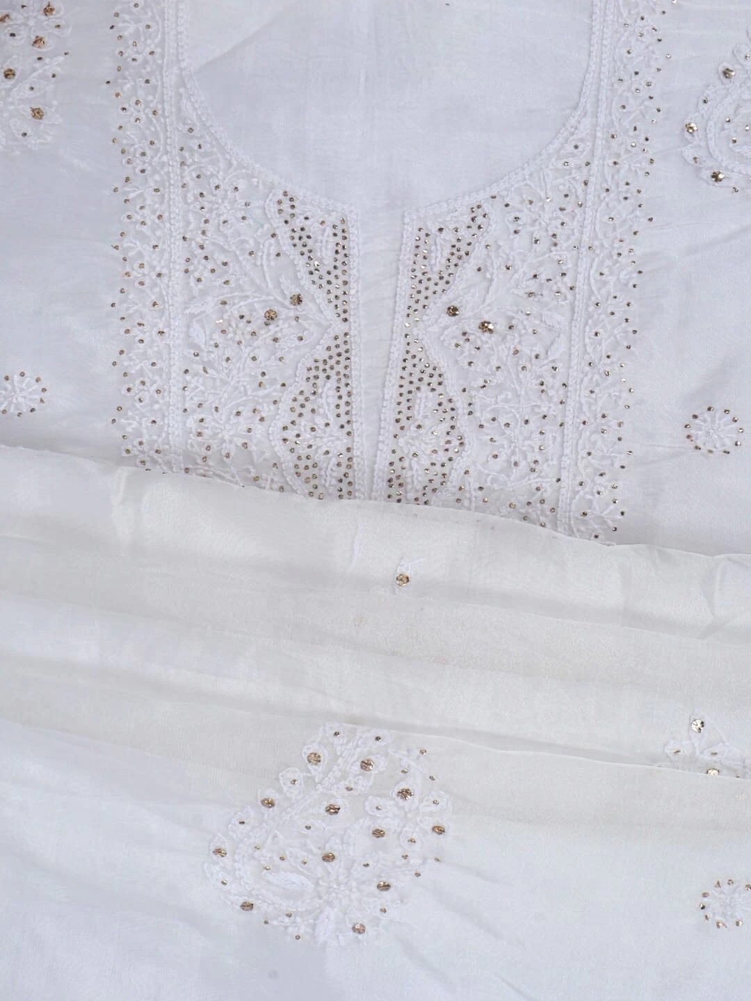Ada Hand Embroidered White Organza Lucknowi Chikankari Unstitched Kurta Dupatta Set with Muqaish Work 01A172393