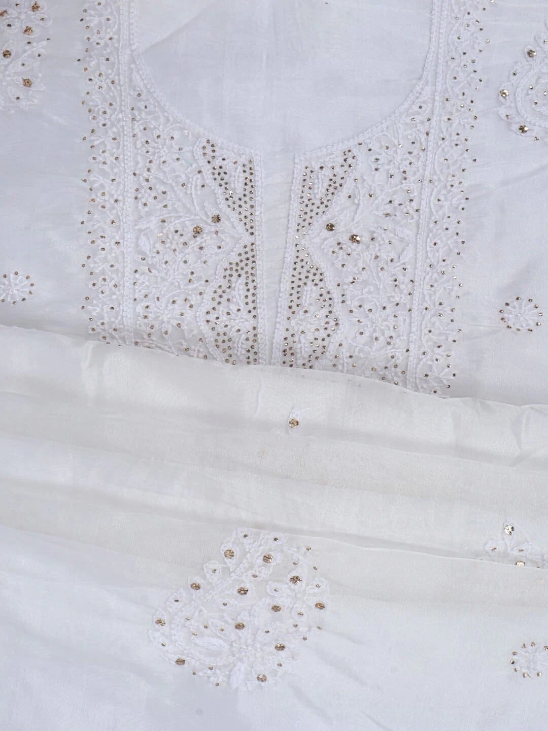 Ada Hand Embroidered White Organza Lucknowi Chikankari Unstitched Kurta Dupatta Set with Muqaish Work 01A172393