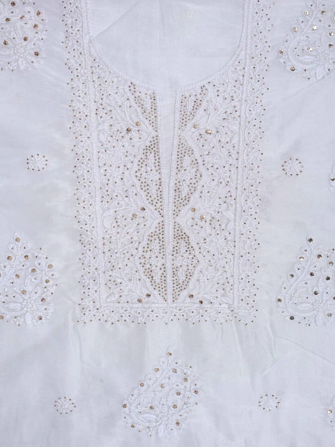 Ada Hand Embroidered White Organza Lucknowi Chikankari Unstitched Kurta Dupatta Set with Muqaish Work 01A172393