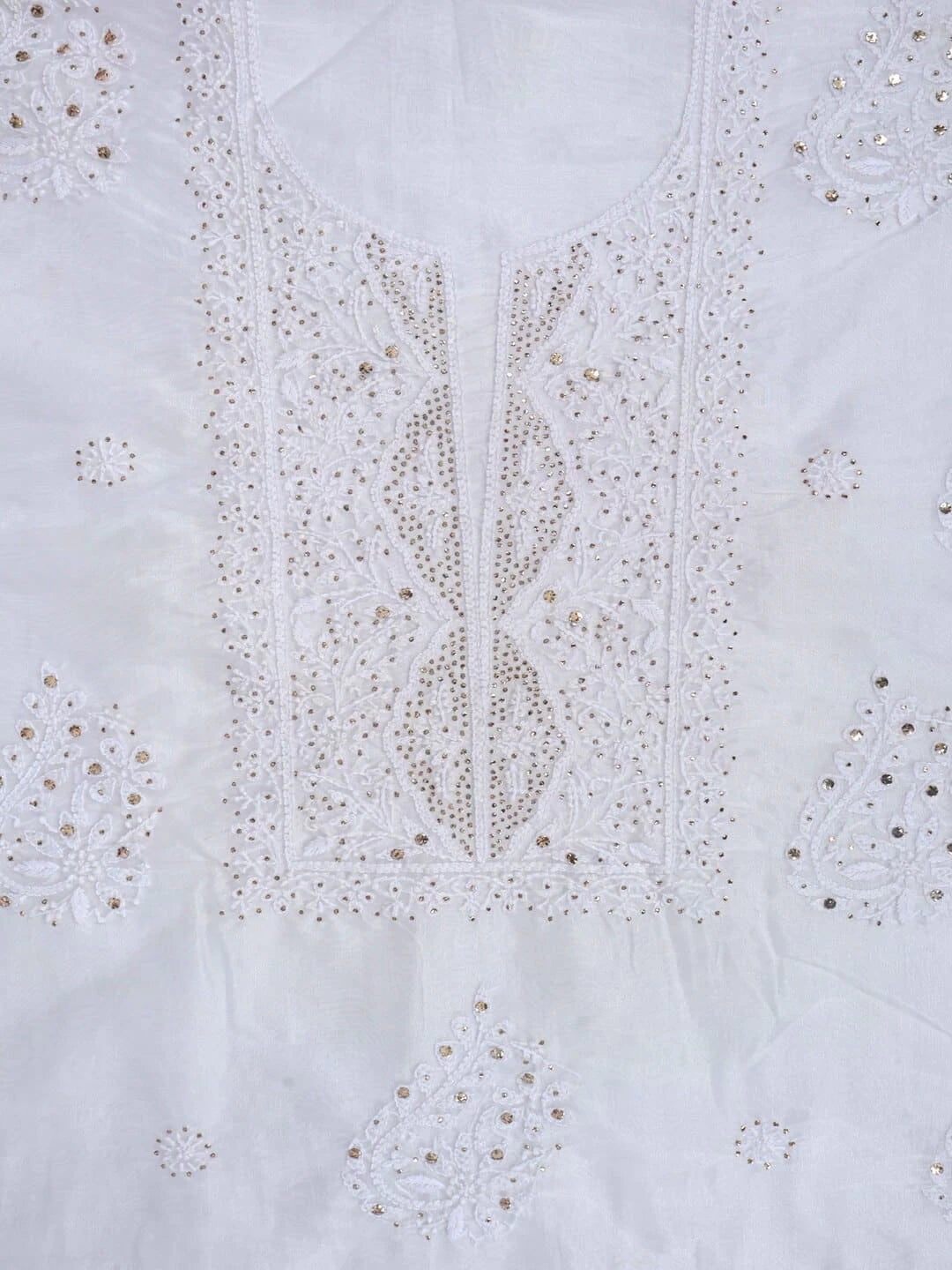 Ada Hand Embroidered White Organza Lucknowi Chikankari Unstitched Kurta Dupatta Set with Muqaish Work 01A172393