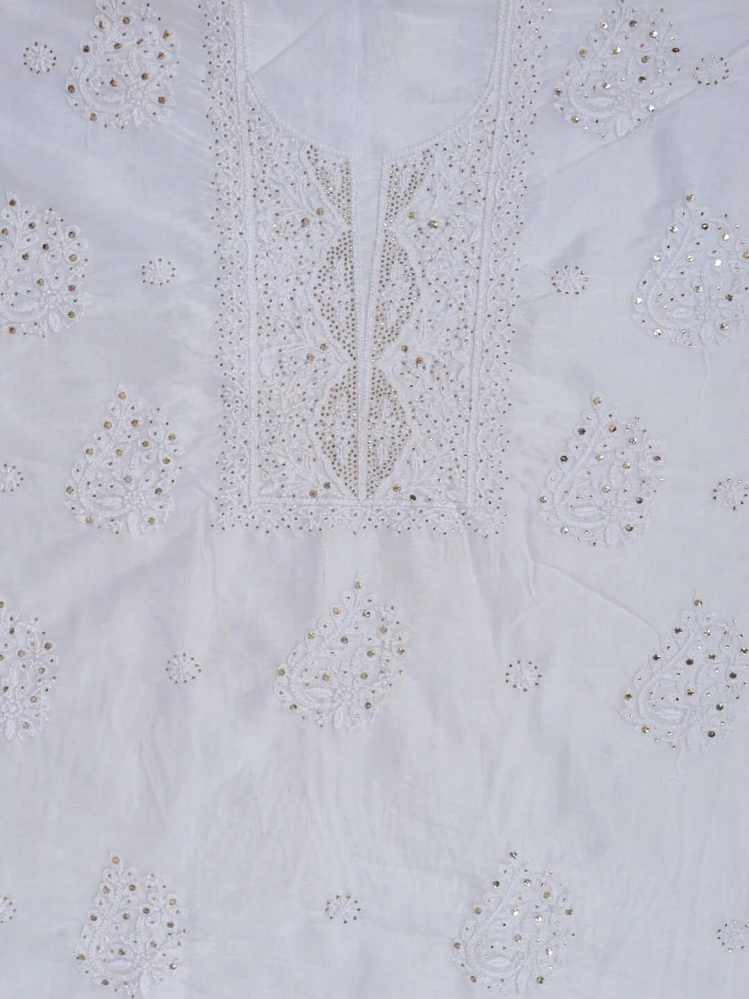 Ada Hand Embroidered White Organza Lucknowi Chikankari Unstitched Kurta Dupatta Set with Muqaish Work 01A172393