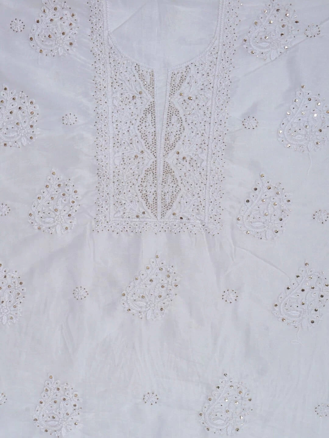 Ada Hand Embroidered White Organza Lucknowi Chikankari Unstitched Kurta Dupatta Set with Muqaish Work 01A172393