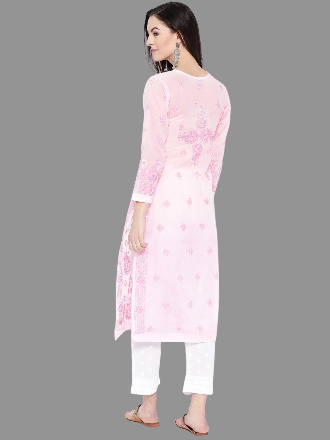 Ada Hand Embroidered Baby Pink Cotton Lucknowi Chikankari Straight Kurta A258190