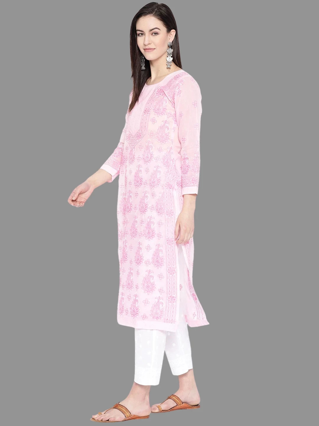 Ada Hand Embroidered Baby Pink Cotton Lucknowi Chikankari Straight Kurta A258190