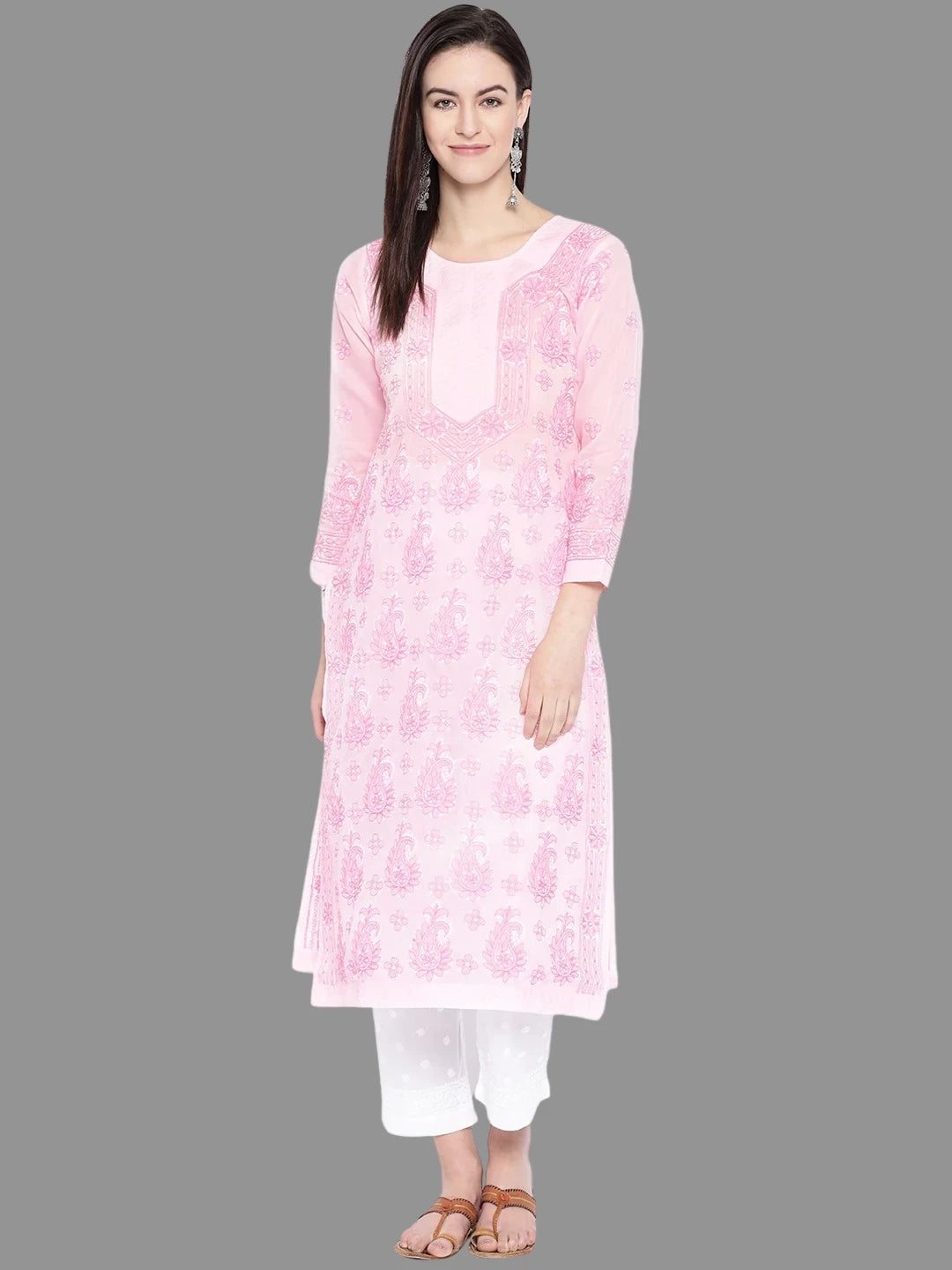 Ada Hand Embroidered Baby Pink Cotton Lucknowi Chikankari Straight Kurta A258190