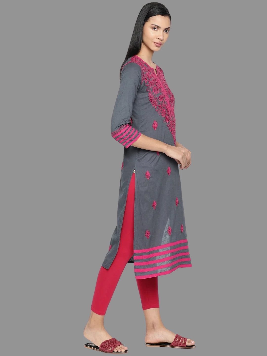 Ada Hand Embroidered Grey Cotton Lucknowi Chikankari Straight Kurta A100102