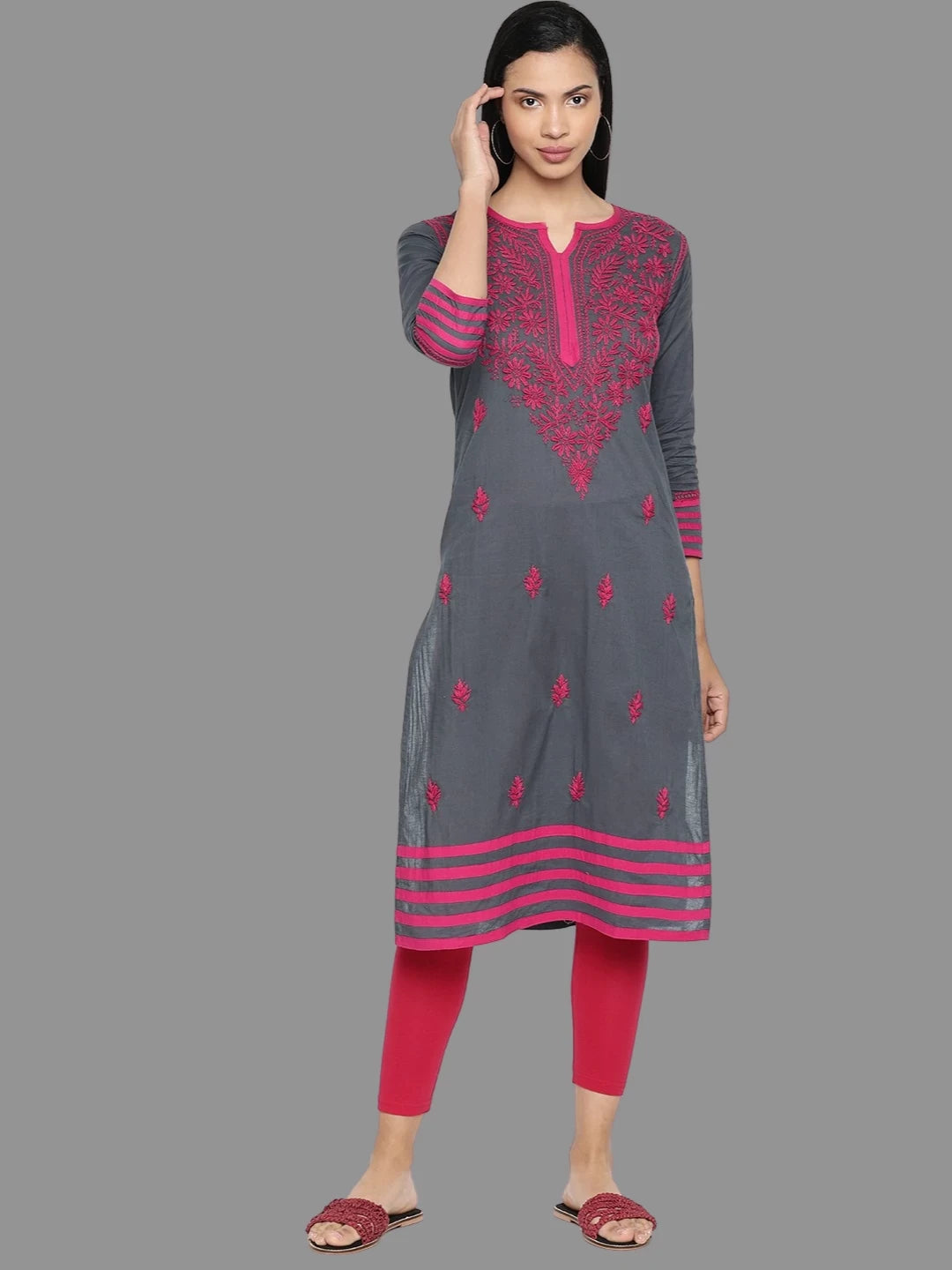 Ada Hand Embroidered Grey Cotton Lucknowi Chikankari Straight Kurta A100102