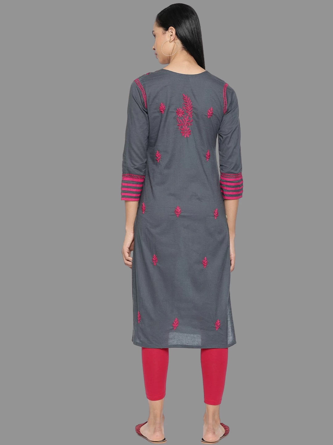 Ada Hand Embroidered Grey Cotton Lucknowi Chikankari Straight Kurta A100102