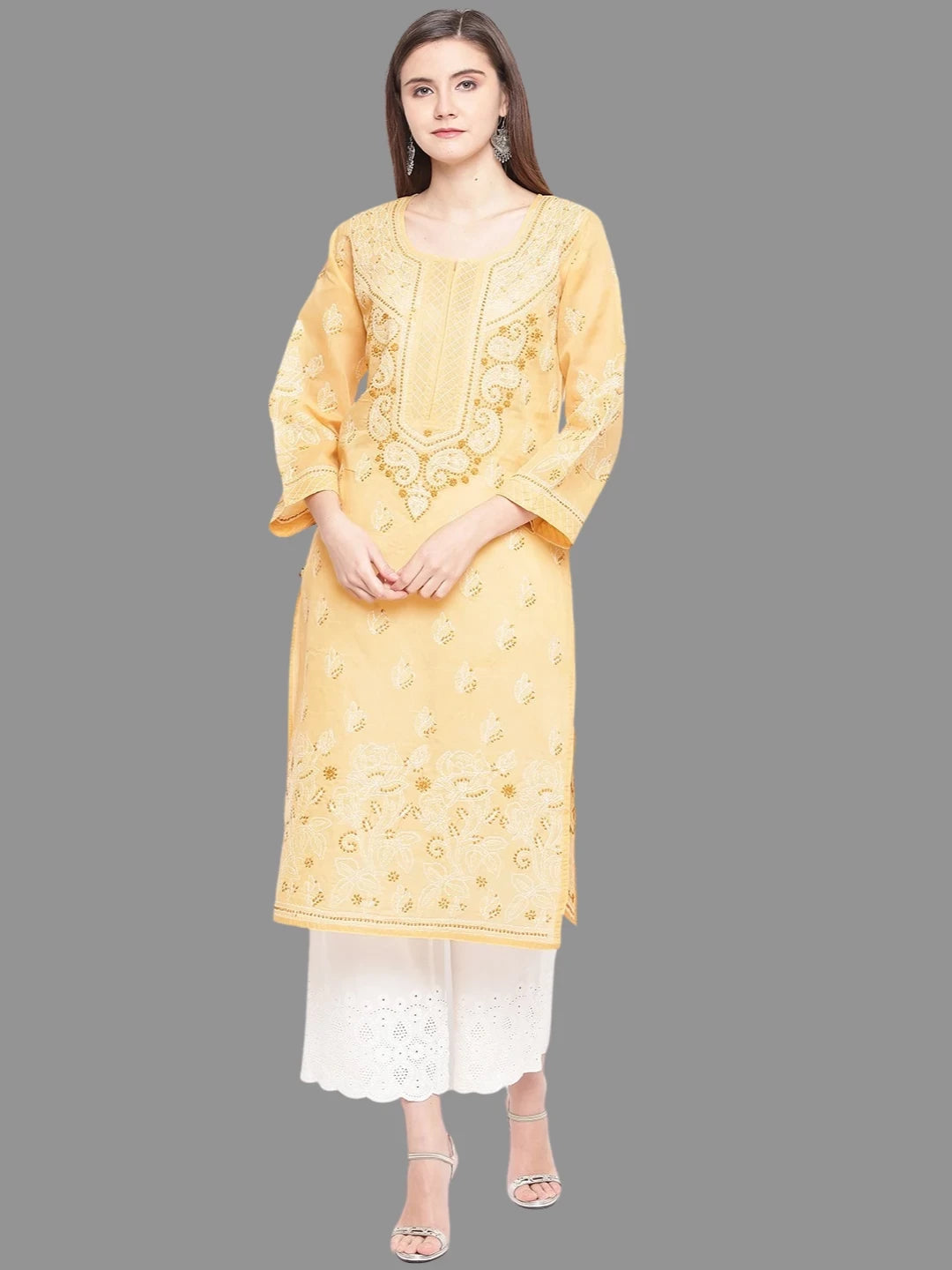 Ada Hand Embroidered Fawn Cotton Lucknowi Chikankari Straight Kurta A100284