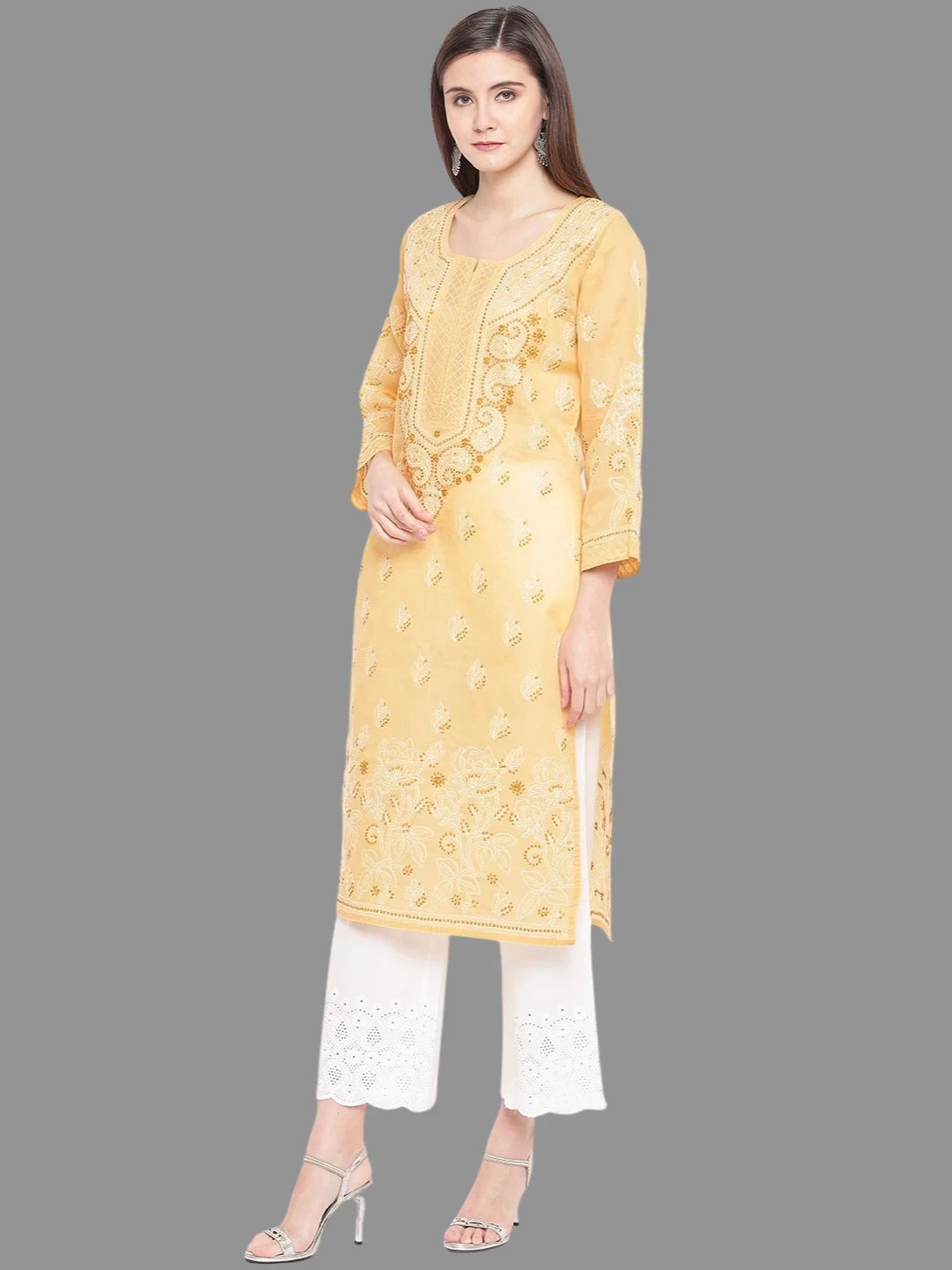 Ada Hand Embroidered Fawn Cotton Lucknowi Chikankari Straight Kurta A100284
