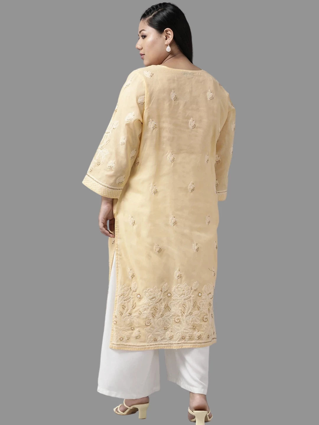 Ada Hand Embroidered Fawn Cotton Lucknowi Chikankari Straight Kurta A100284