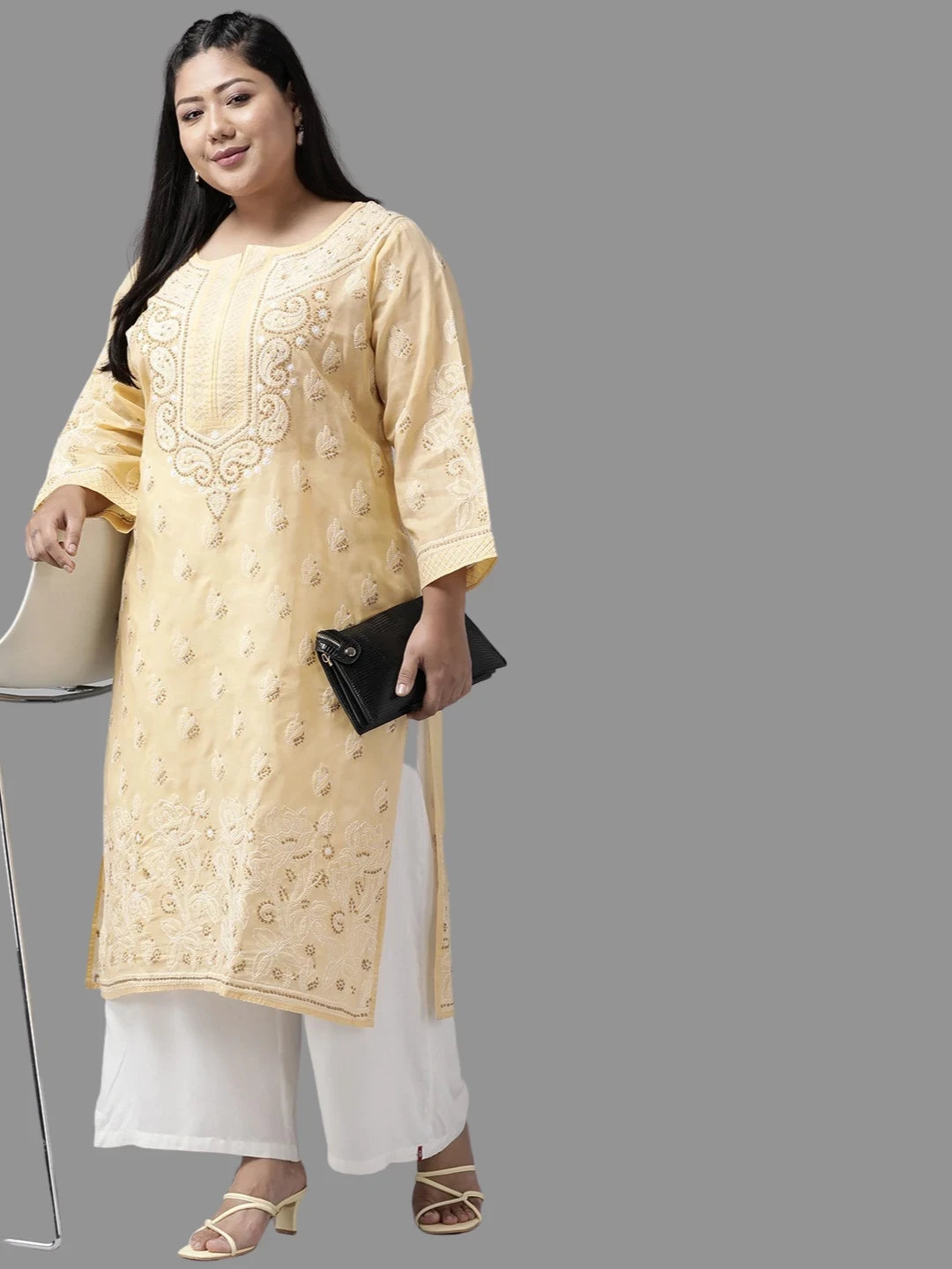 Ada Hand Embroidered Fawn Cotton Lucknowi Chikankari Straight Kurta A100284