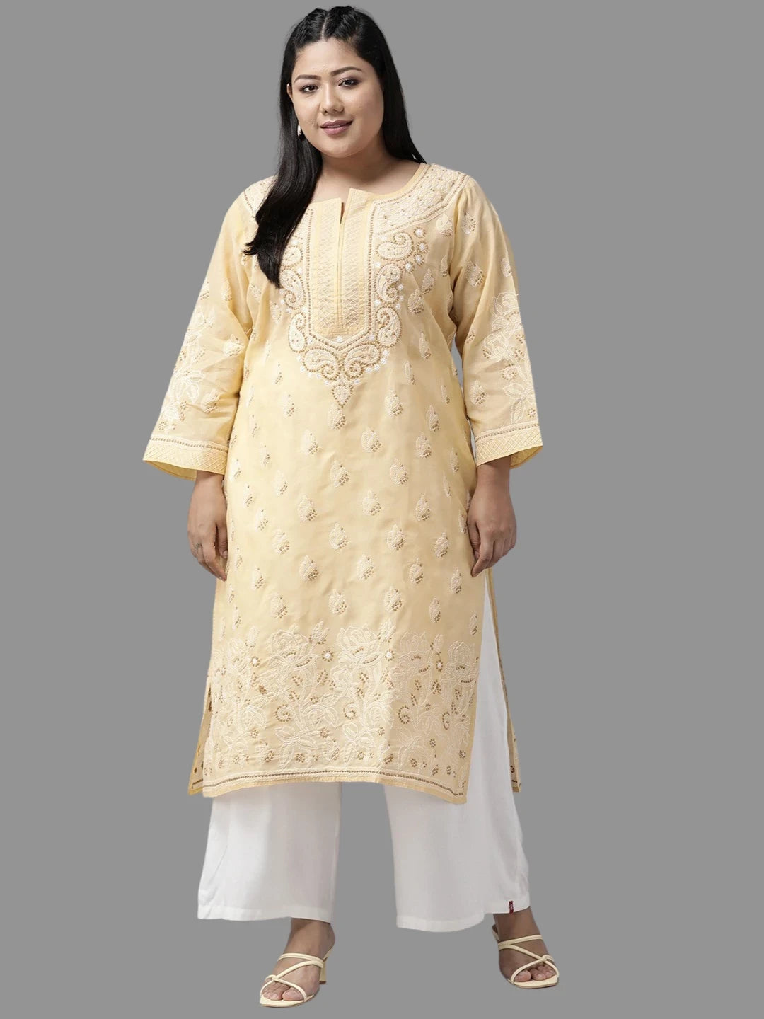 Ada Hand Embroidered Fawn Cotton Lucknowi Chikankari Straight Kurta A100284