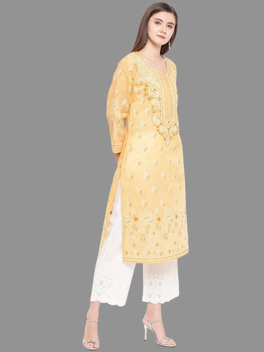 Ada Hand Embroidered Fawn Cotton Lucknowi Chikankari Straight Kurta A100284