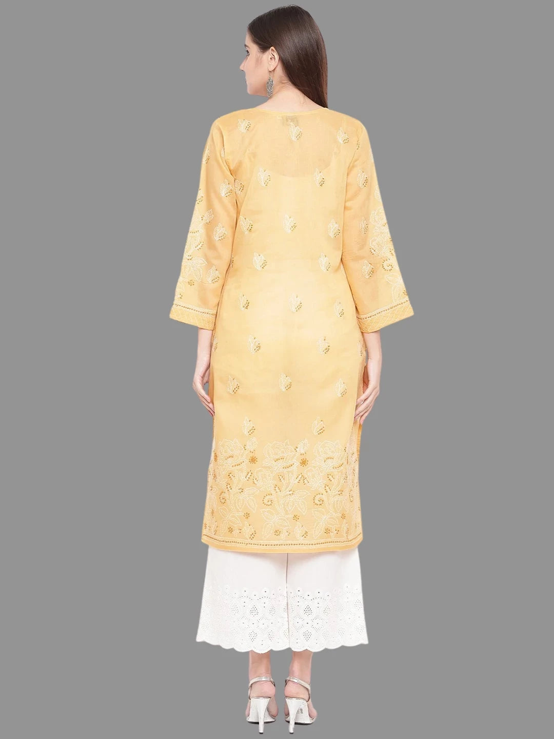 Ada Hand Embroidered Fawn Cotton Lucknowi Chikankari Straight Kurta A100284