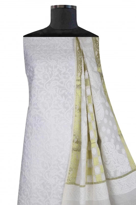 Ada Hand Embroidered White Chanderi Lucknowi Chikankari Unstitched Kurta Dupatta Set 01A60253