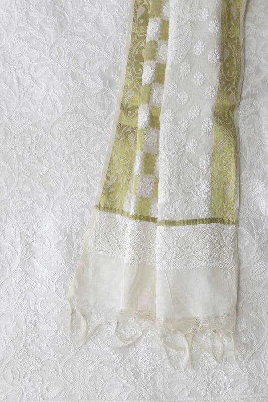 Ada Hand Embroidered White Chanderi Lucknowi Chikankari Unstitched Kurta Dupatta Set 01A60253