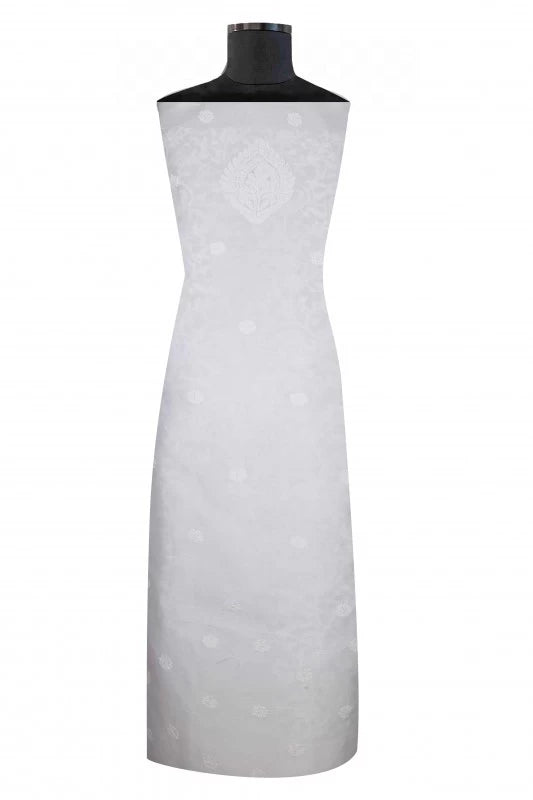 Ada Hand Embroidered White Chanderi Lucknowi Chikankari Unstitched Kurta Dupatta Set 01A60253