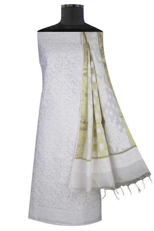 Ada Hand Embroidered White Chanderi Lucknowi Chikankari Unstitched Kurta Dupatta Set 01A60253