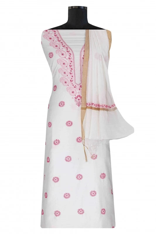 Ada Hand Embroidered White Chanderi Lucknowi Chikankari Unstitched Kurta Dupatta A615394