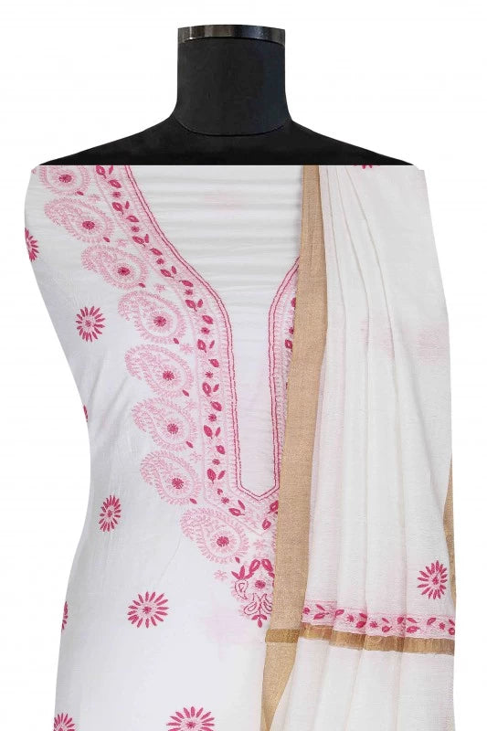 Ada Hand Embroidered White Chanderi Lucknowi Chikankari Unstitched Kurta Dupatta A615394