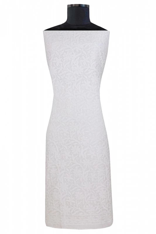 Ada Hand Embroidered White Chanderi Lucknowi Chikankari Unstitched Kurta Dupatta Set 01A15741