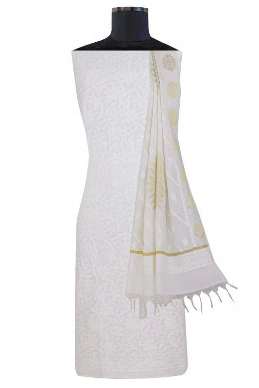Ada Hand Embroidered White Chanderi Lucknowi Chikankari Unstitched Kurta Dupatta Set 01A15741