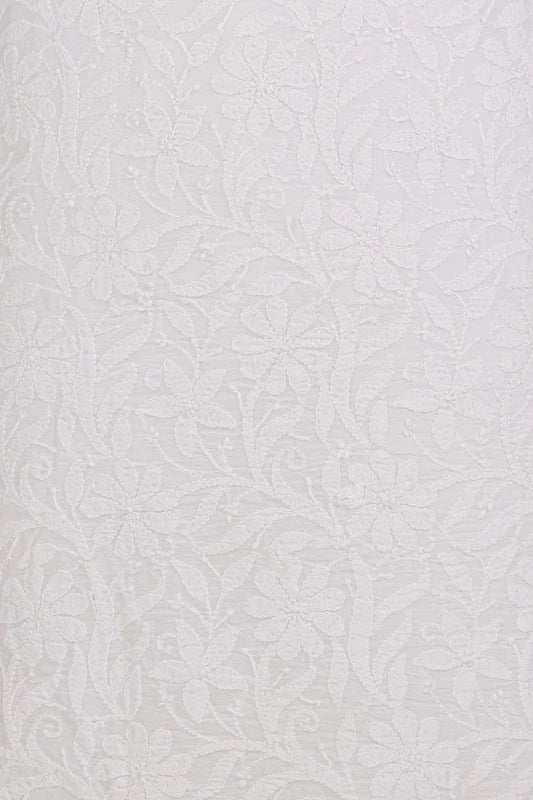 Ada Hand Embroidered White Chanderi Lucknowi Chikankari Unstitched Kurta Dupatta Set 01A15741