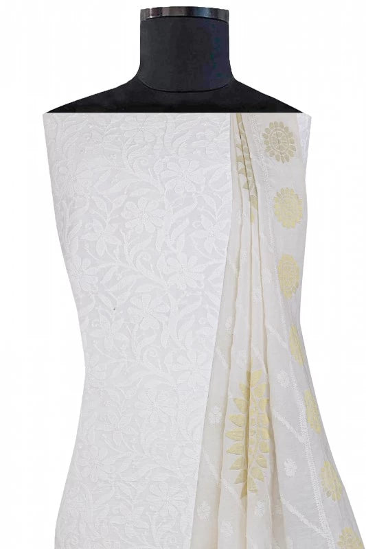 Ada Hand Embroidered White Chanderi Lucknowi Chikankari Unstitched Kurta Dupatta Set 01A15741