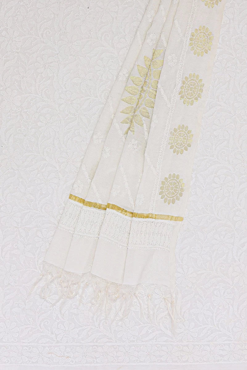 Ada Hand Embroidered White Chanderi Lucknowi Chikankari Unstitched Kurta Dupatta Set 01A15741