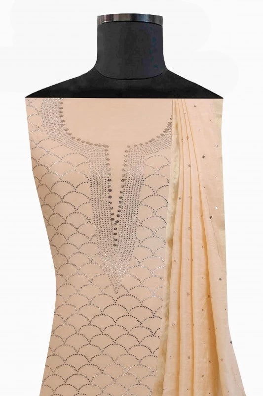 Ada Hand Embroidered Fawn Chanderi Lucknowi Chikankari Unstitched Kurta Dupatta Set With Muqaish Work A614919
