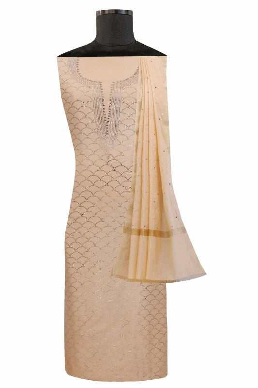 Ada Hand Embroidered Fawn Chanderi Lucknowi Chikankari Unstitched Kurta Dupatta Set With Muqaish Work A614919