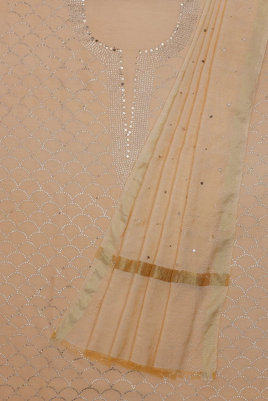 Ada Hand Embroidered Fawn Chanderi Lucknowi Chikankari Unstitched Kurta Dupatta Set With Muqaish Work A614919
